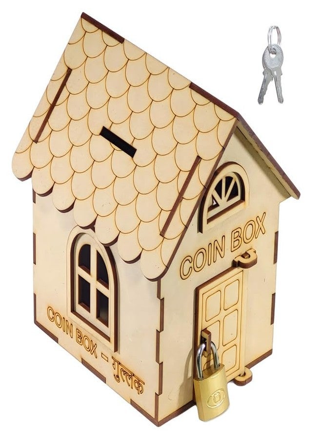 BABRO - Wooden Coin Box with Lock & Keys | Home Shape Money Saving Bank for Kids (12x14x13.5 cm) - Image 3